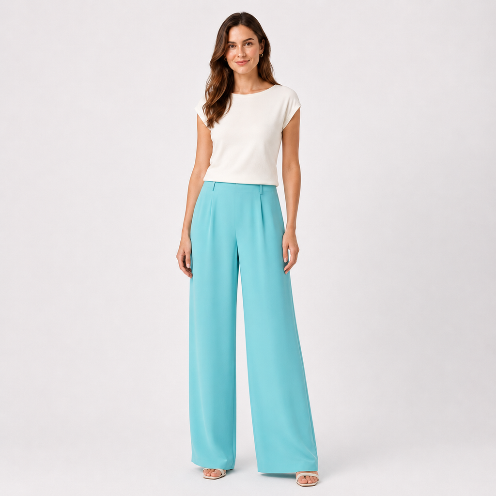 Pantaloni Vera Mont turcoaz wide leg