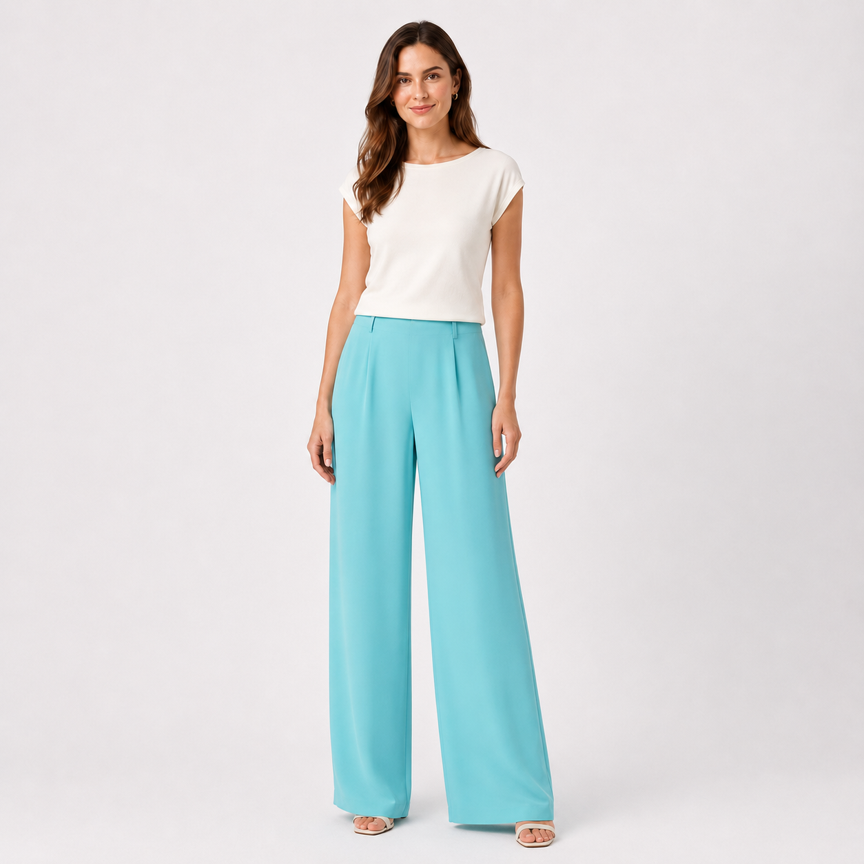 Pantaloni Vera Mont turcoaz wide leg