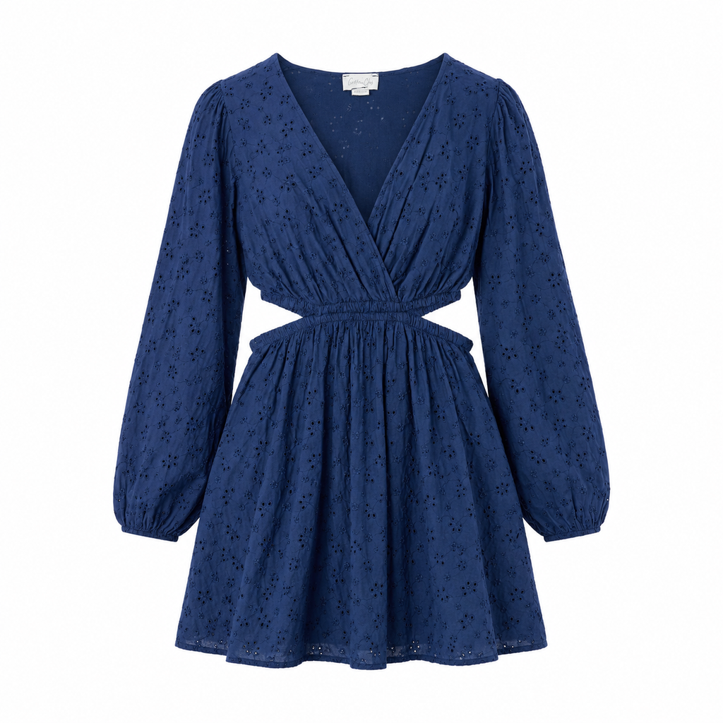 Rochie Cotton Club albastră din bumbac cu broderie și decupaje în talie