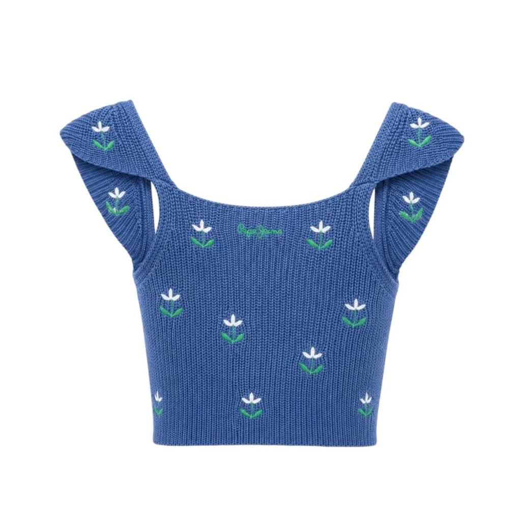 Top tricotat Pepe Jeans albastru cu flori brodate