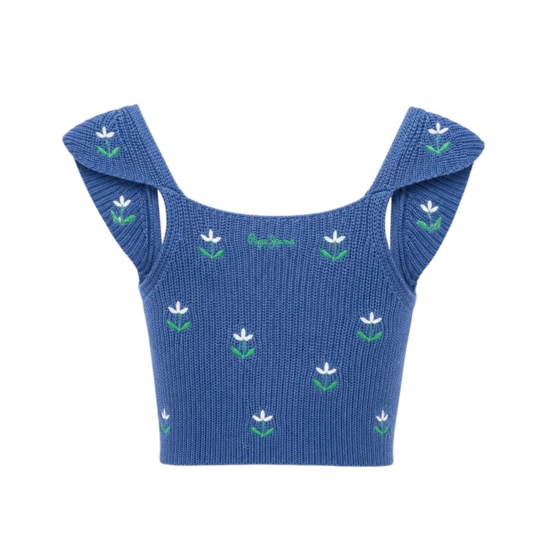 Top tricotat Pepe Jeans albastru cu flori brodate