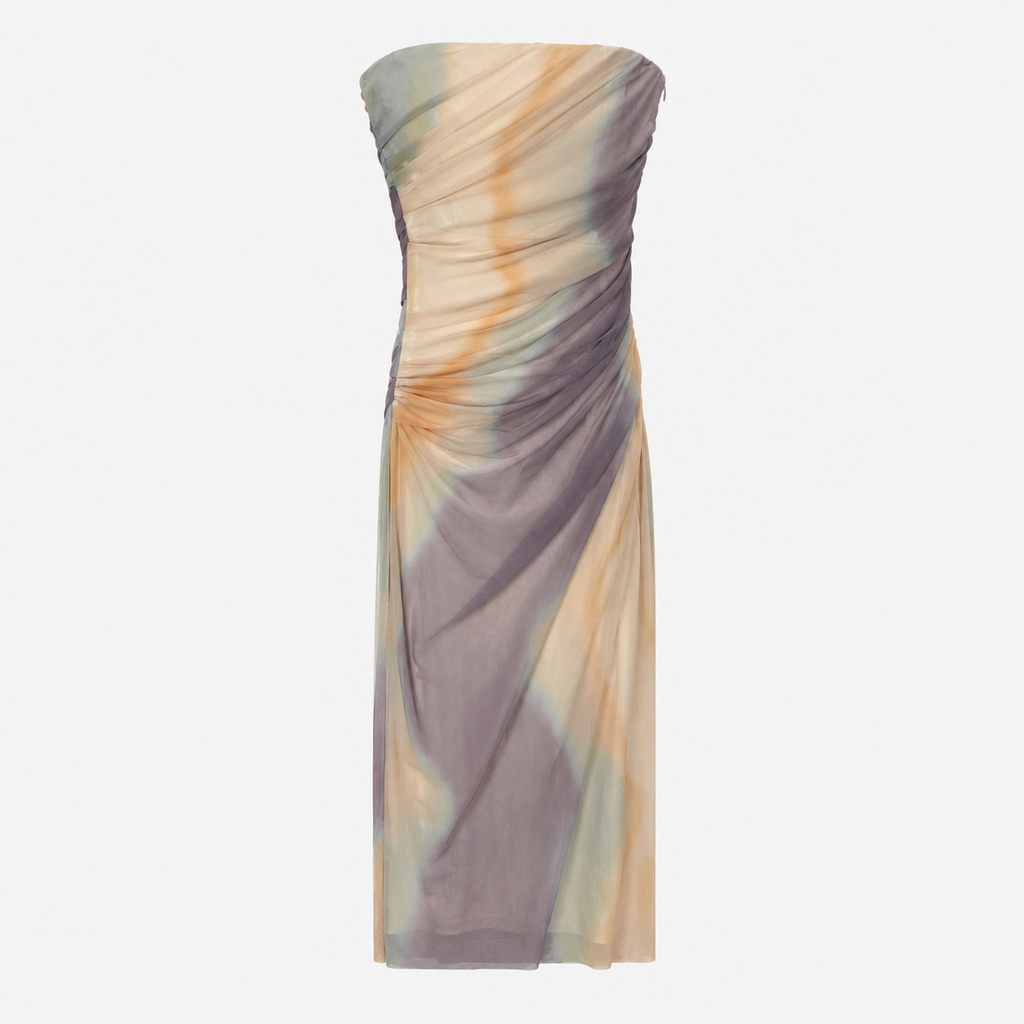 Rochie Zara fără bretele cu drapaje și imprimeu abstract pastel