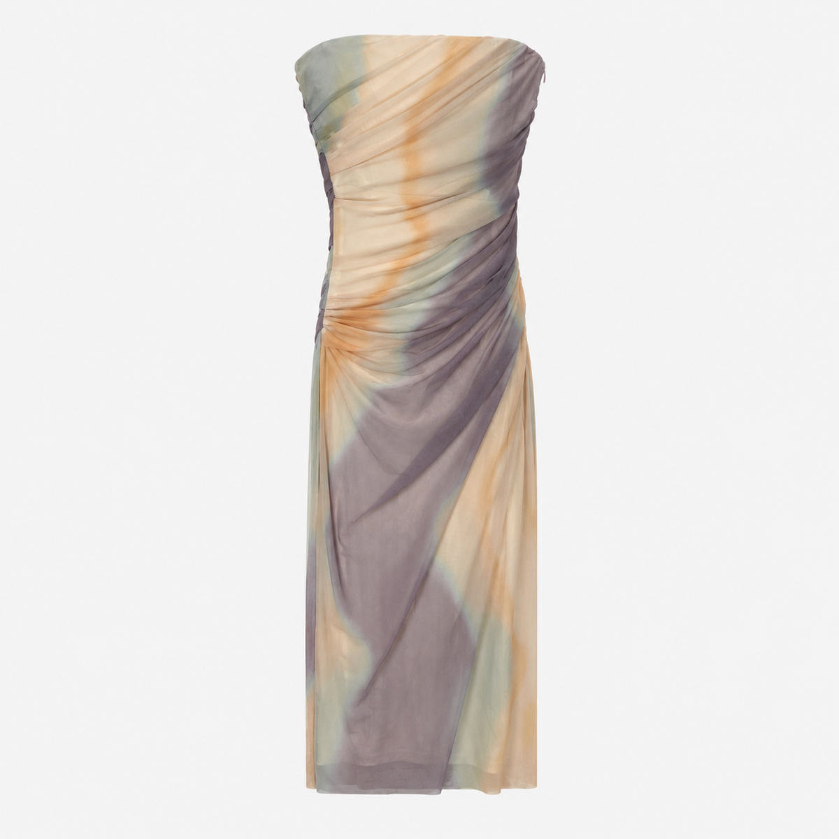 Rochie Zara fără bretele cu drapaje și imprimeu abstract pastel