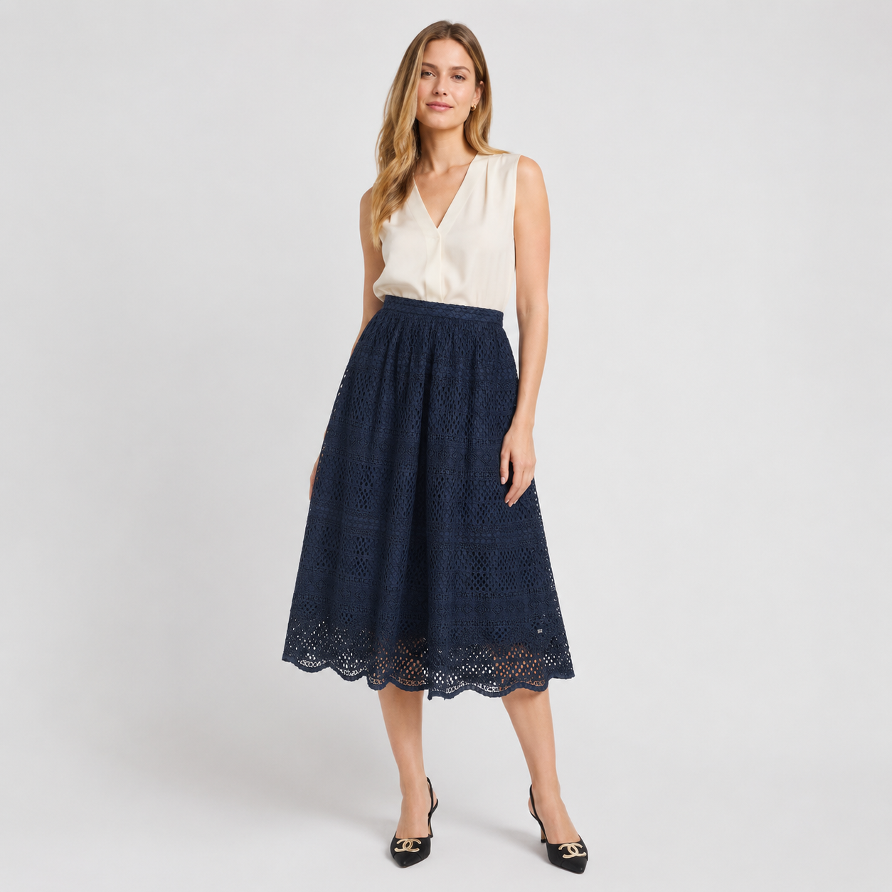 Fustă Tommy Hilfiger bleumarin din dantelă brodată
