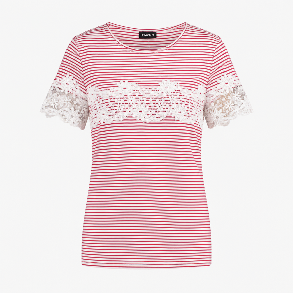 Tricou Taifun Garden Blooms cu dungi roșii și dantelă albă
