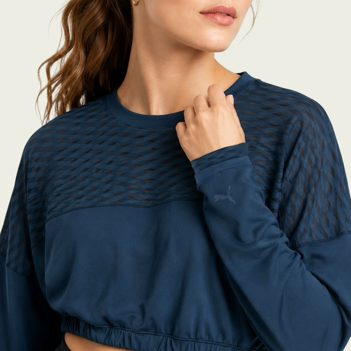 Bluză sport Puma Training cropped bleumarin cu inserții mesh