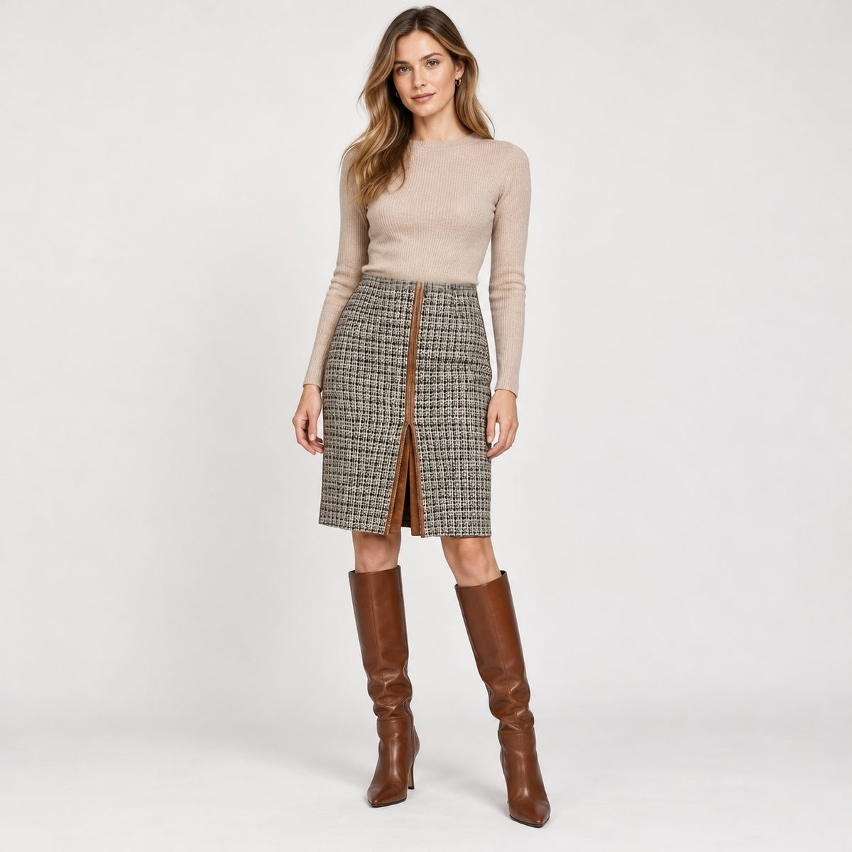 Fustă conică din lână tweed PF Paola Frani, ținută completă pe model