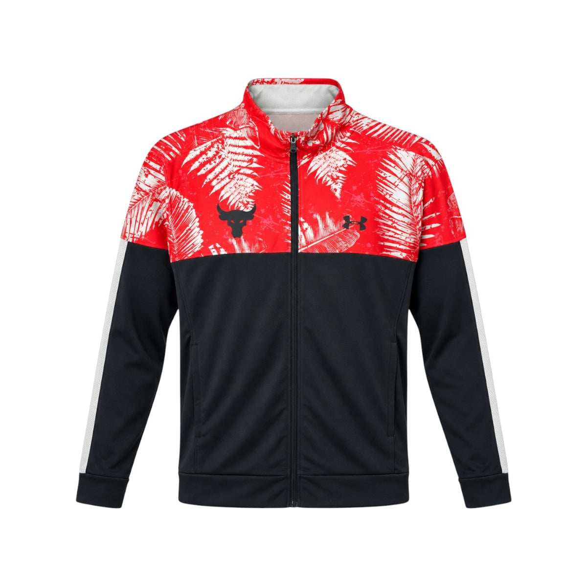 Jachetă Under Armour Project Rock roșie neagră cu imprimeu tropical, vedere față