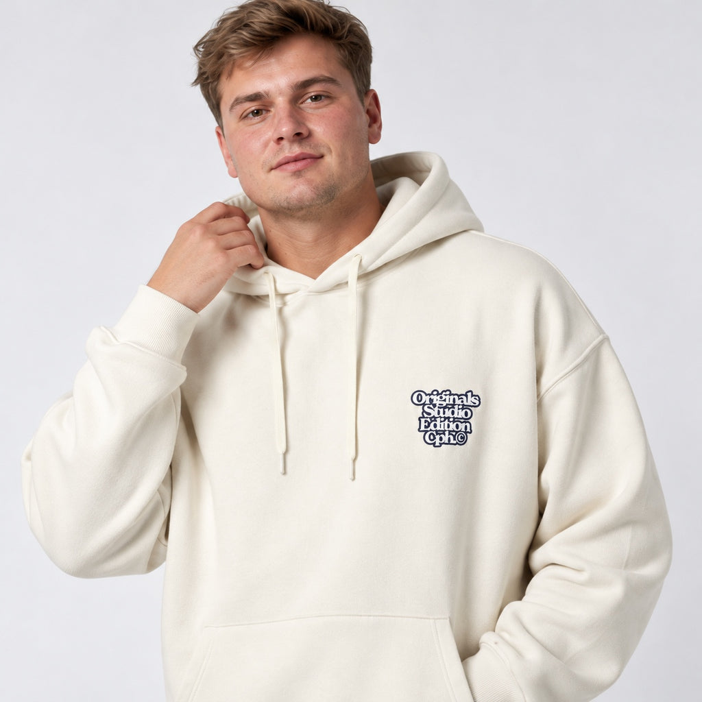 Detaliu Jack & Jones Originals Astoria Antique White, logo pe piept și glugă