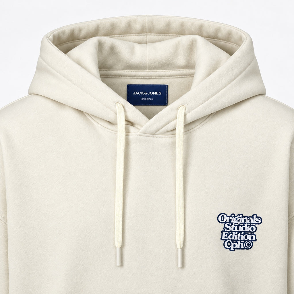 Detaliu etichetă și glugă Jack & Jones Originals Astoria Antique White