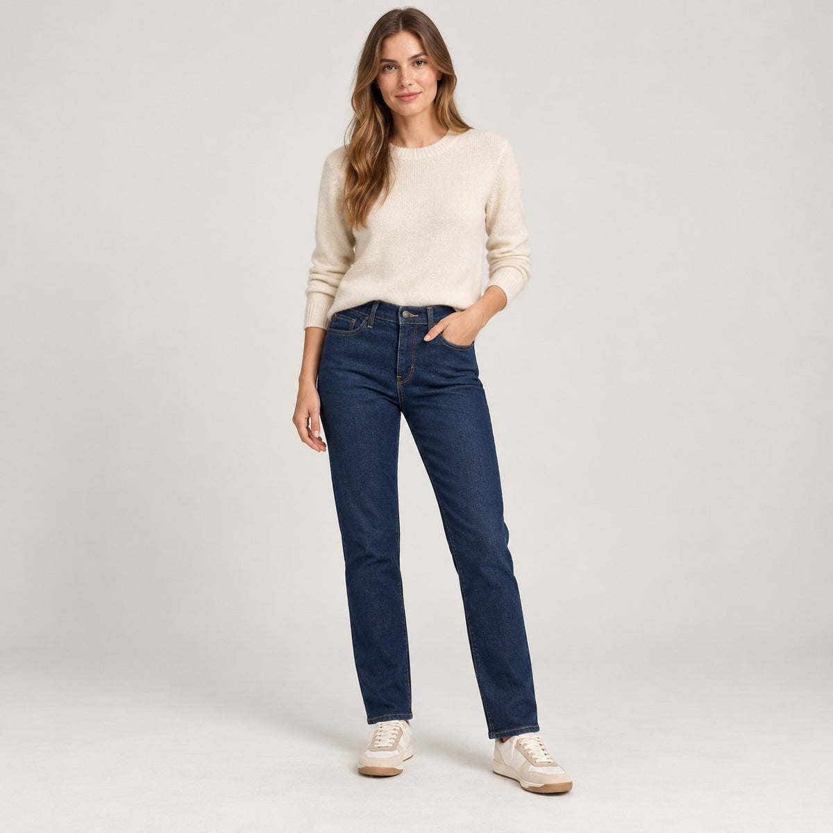 Blugi Levi’s 314 Shaping Straight cu picior drept, ținută integrală pe model