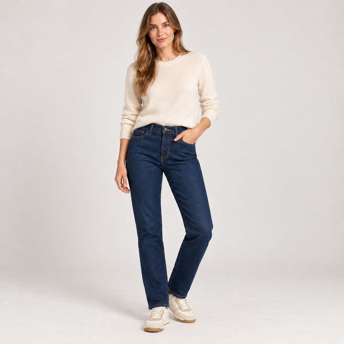 Blugi Levi’s 314 Shaping Straight albastru închis, vedere frontală completă pe model feminin