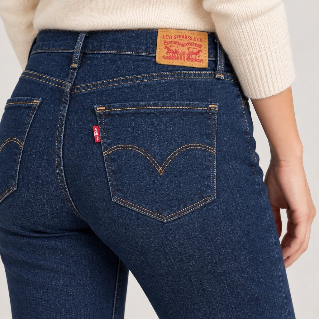 Detaliu blugi Levi’s 314: buzunare spate arcuate, Red Tab și etichetă Levi Strauss & Co