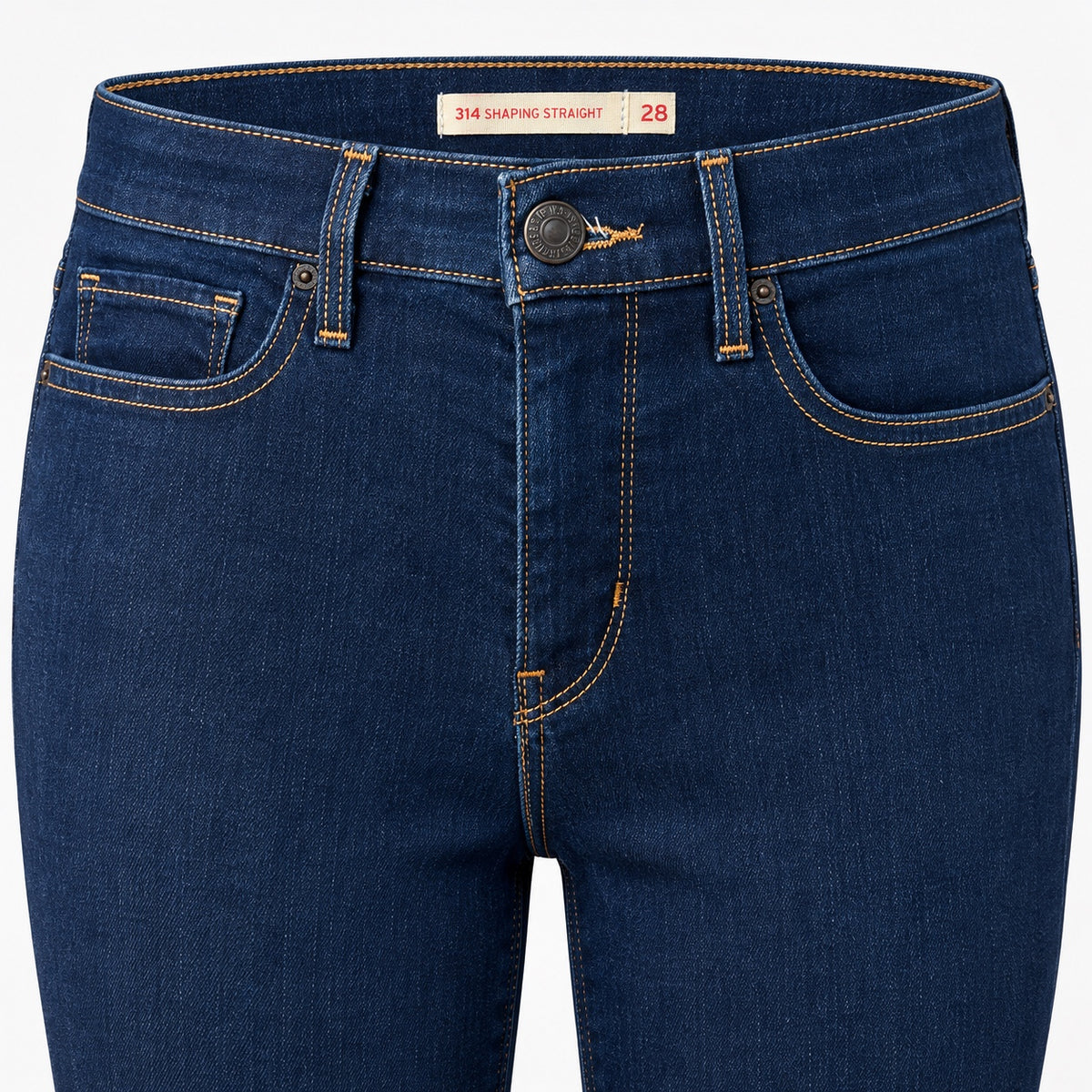 Detaliu blugi Levi’s 314 Shaping Straight, talie cu nasture, fermoar și eticheta mărimea 28