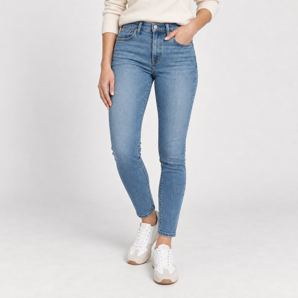 Blugi Levi’s 311 Shaping Skinny albastru deschis, vedere față apropiată, talie și croială skinny