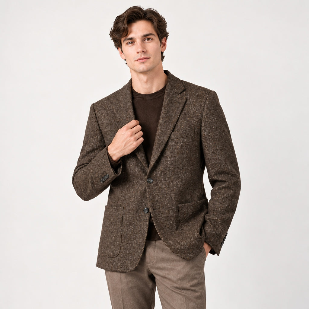 Sacou STONES maro melanj din lână și cașmir, vedere frontală pe model