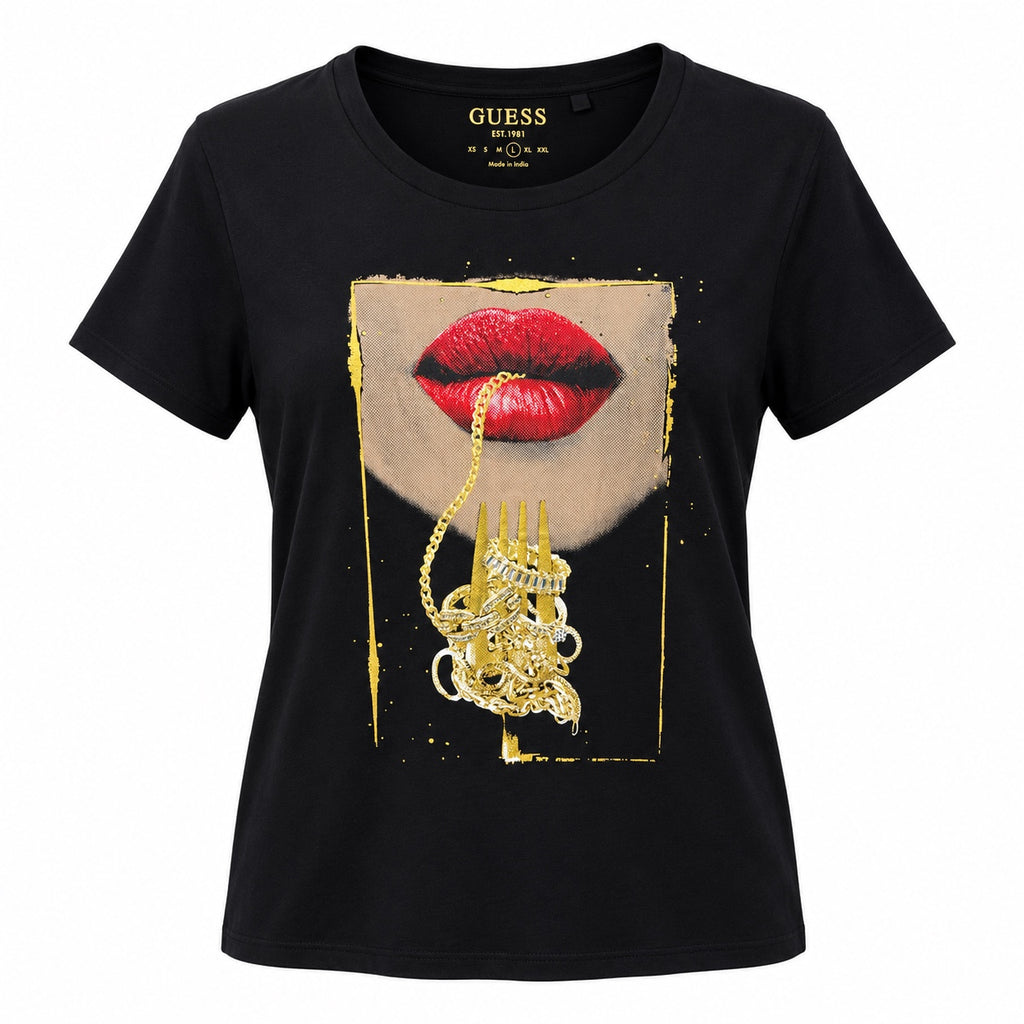 Tricou GUESS negru, pe manechin invizibil vedere frontală