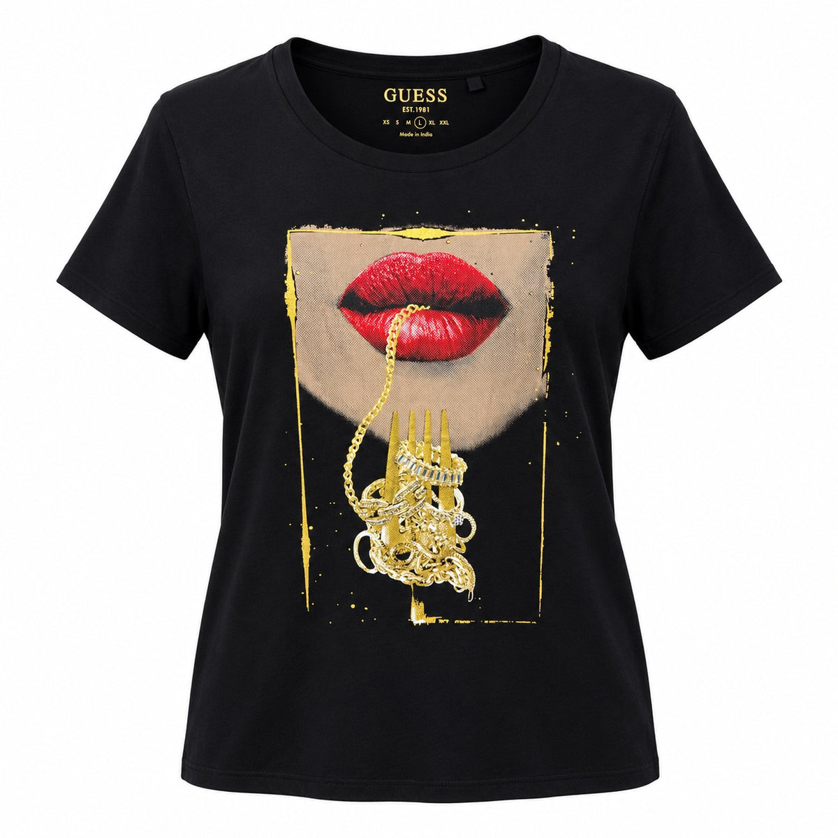 Tricou GUESS negru, pe manechin invizibil vedere frontală