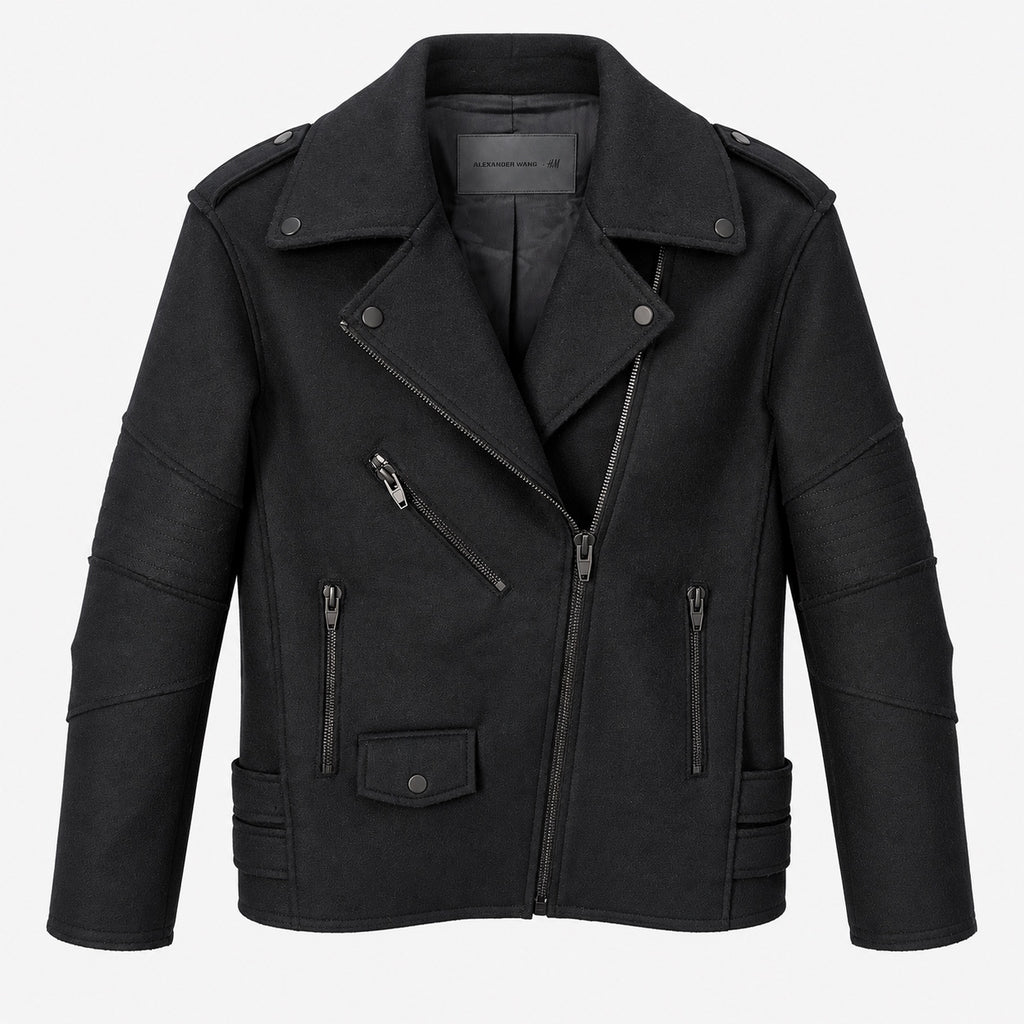 Jachetă biker Alexander Wang x H&M neagră, față pe manechin invizibil