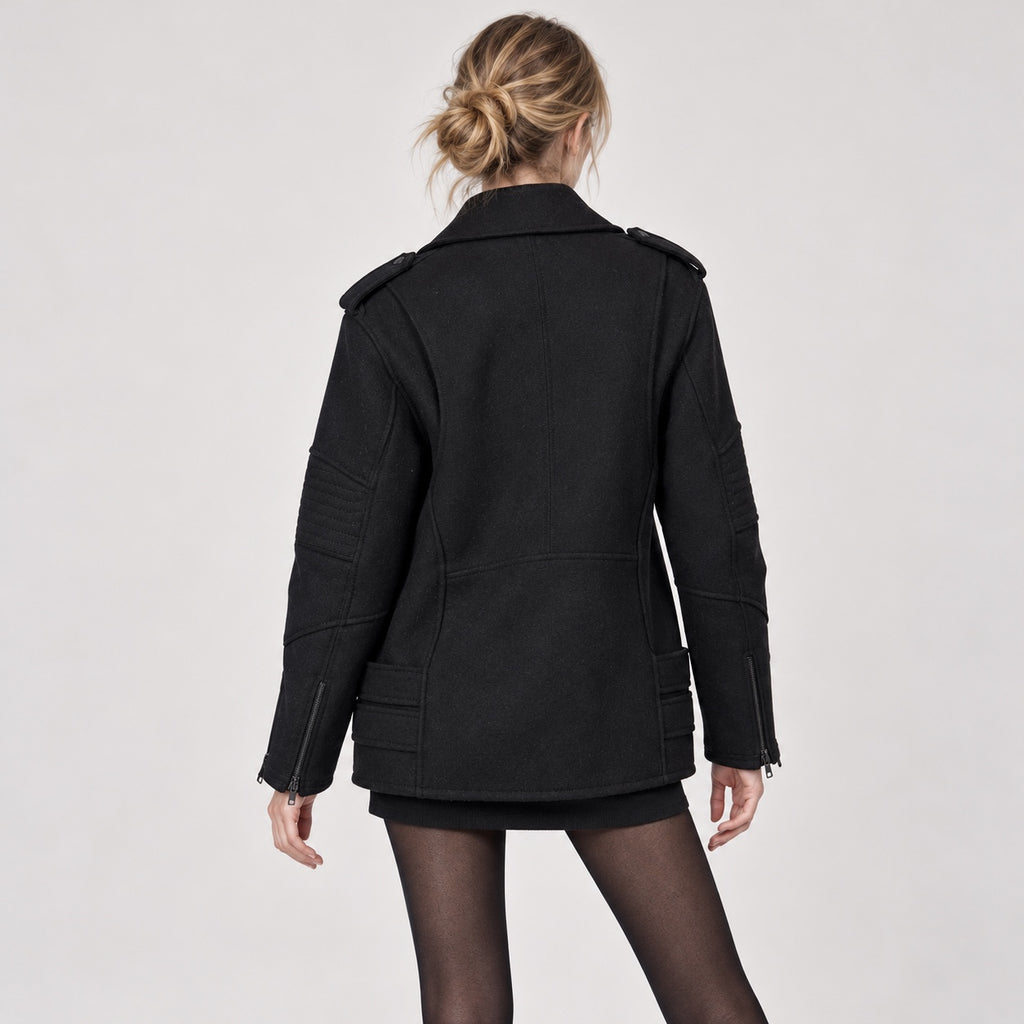 Jachetă Alexander Wang x H&M biker din lână, vedere spate pe model
