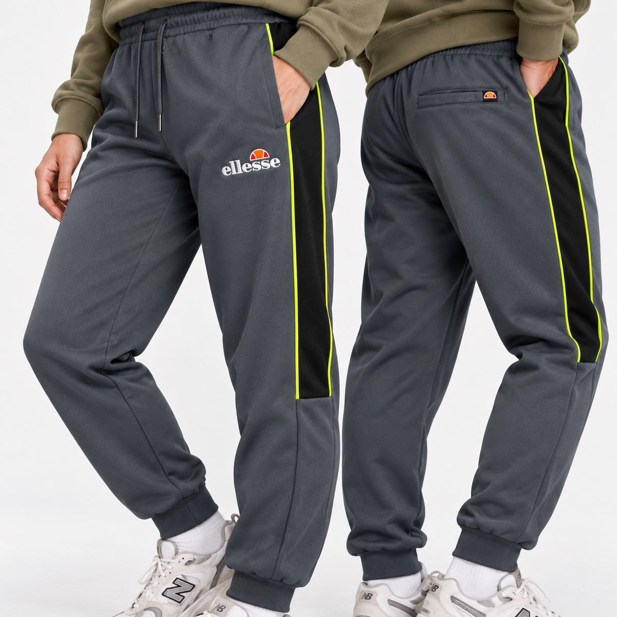 Pantaloni ellesse gri cu benzi laterale negre și galben neon, detalii față și spate