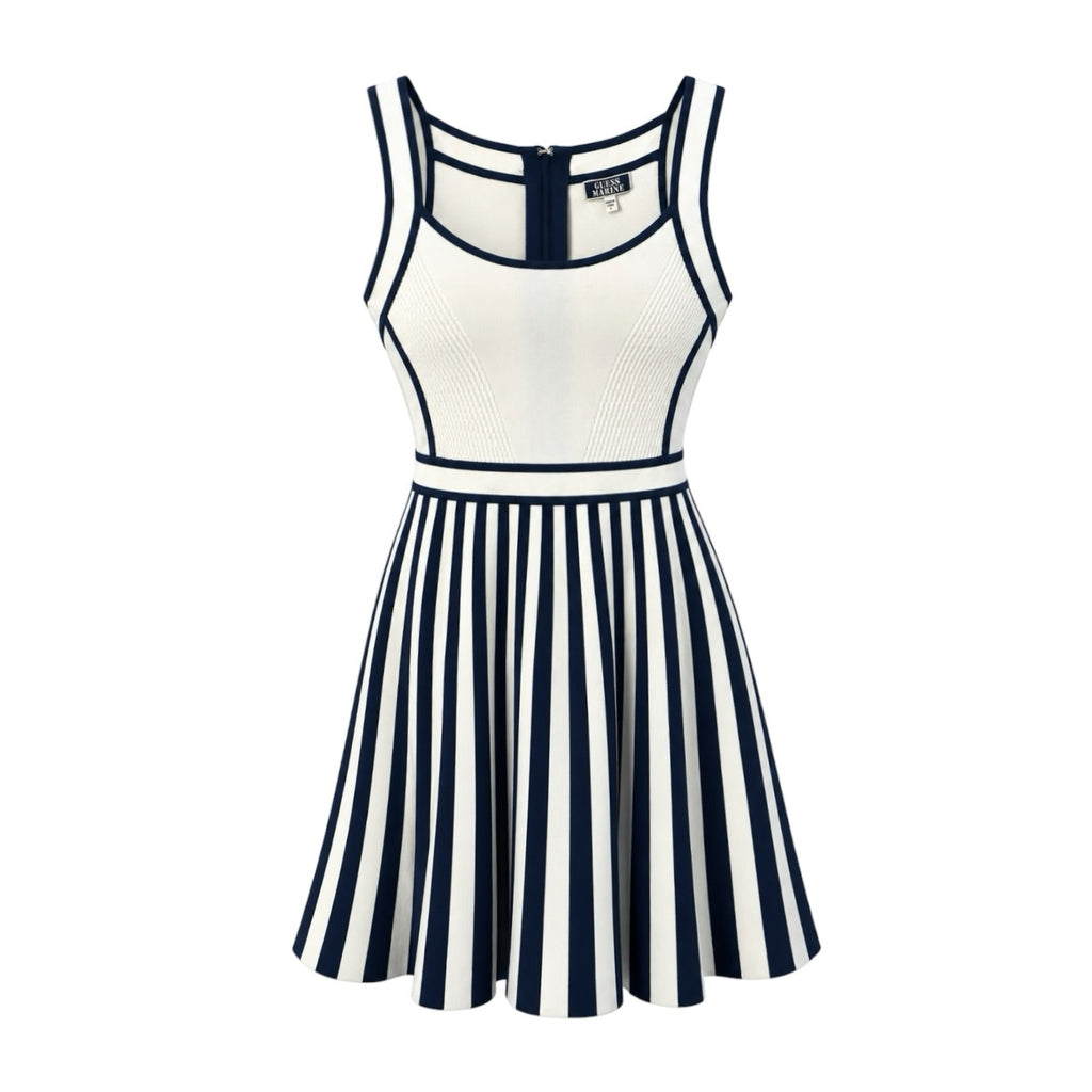 Rochie GUESS Marine tricotată cu fustă în dungi verticale bleumarin, fotografie produs față