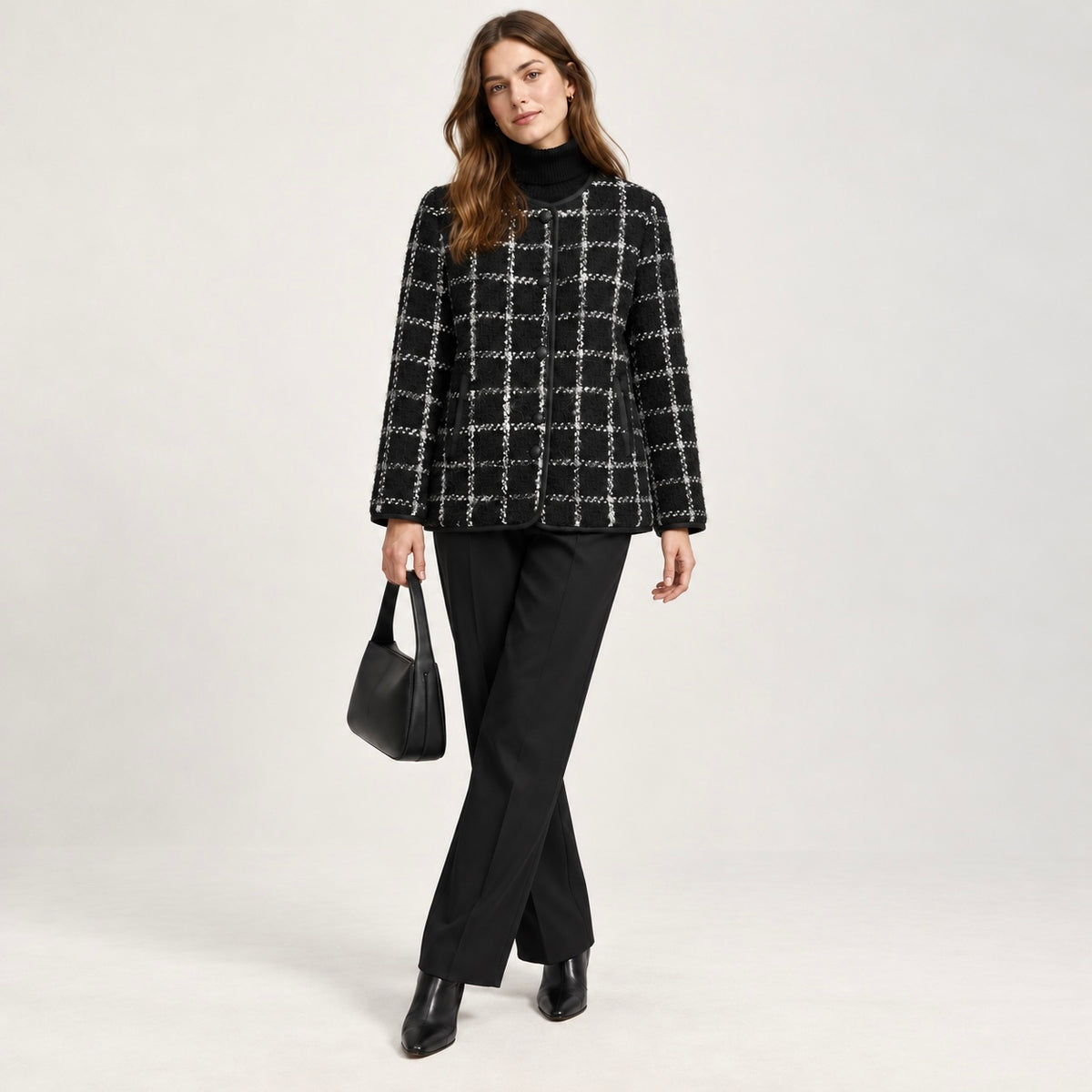 Jachetă MANGO tweed negru cu carouri albe, ținută completă pe model