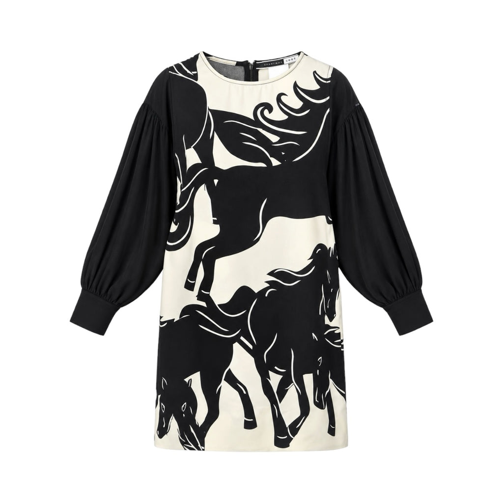 Rochie scurtă SPORTMAX CODE pe manechin invizibil, față, croială lejeră, imprimeu ecvestru