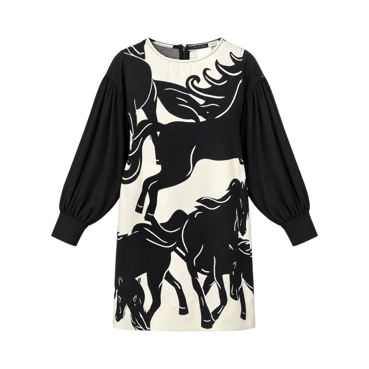 Rochie scurtă SPORTMAX CODE pe manechin invizibil, față, croială lejeră, imprimeu ecvestru