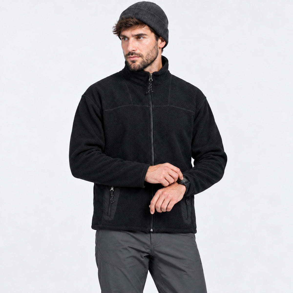 Jachetă fleece Crane Sports neagră pentru bărbați, vedere frontală pe model
