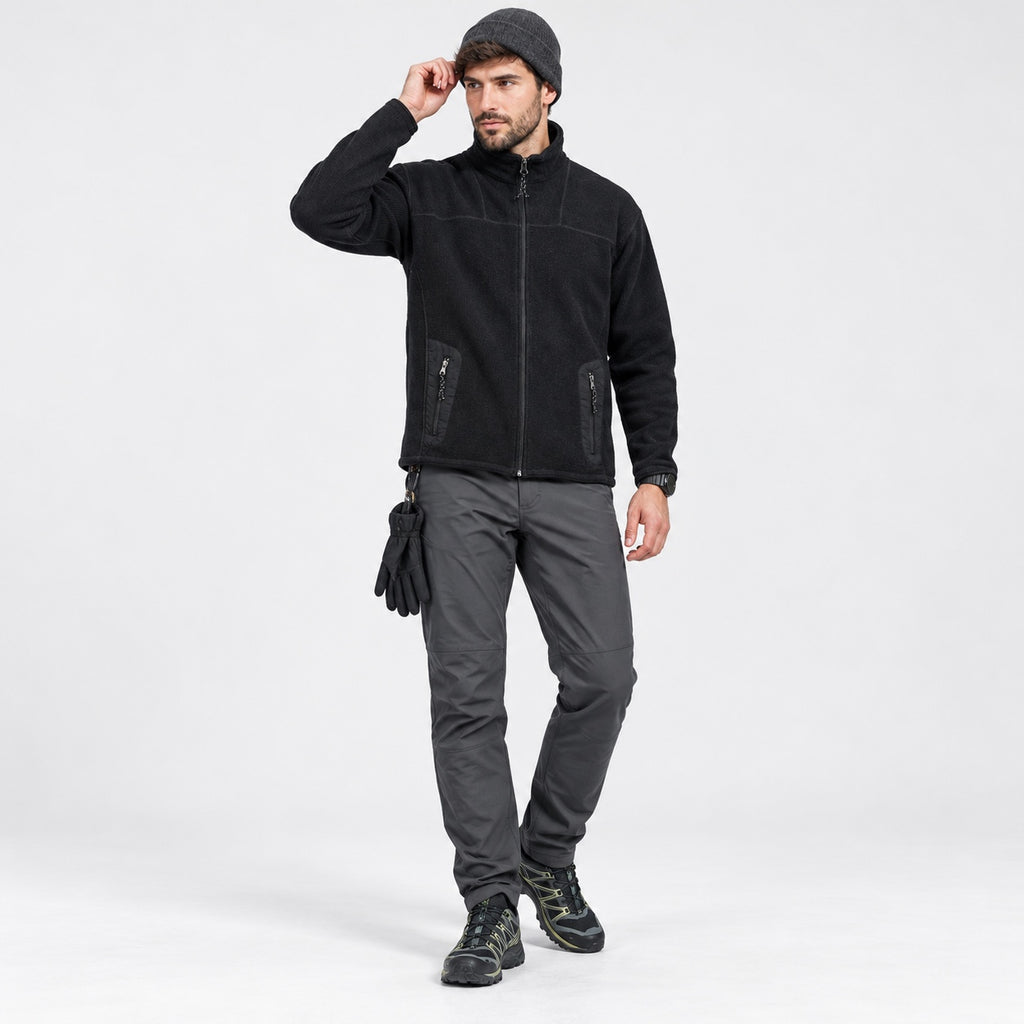 Jachetă fleece Crane Sports neagră pentru bărbați, ținută outdoor completă