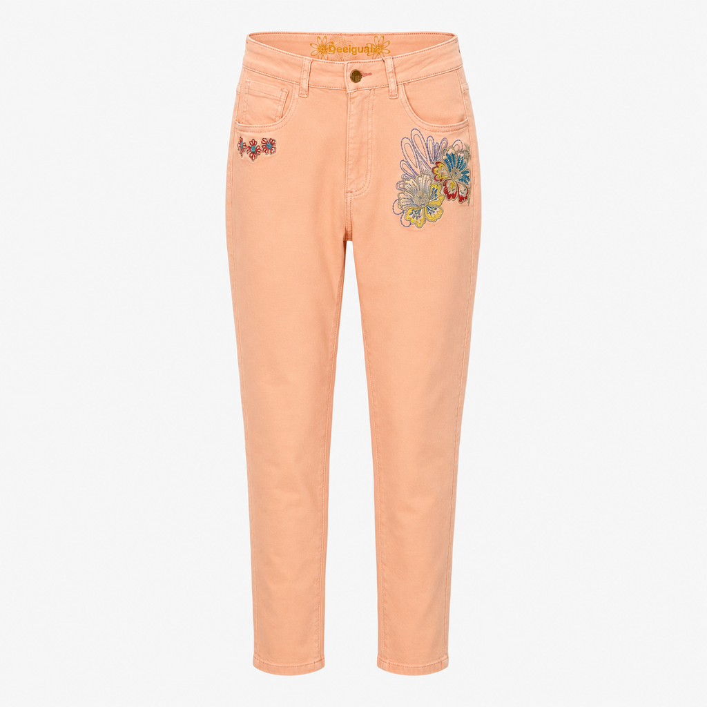 Blugi Desigual coral cu broderie florală
