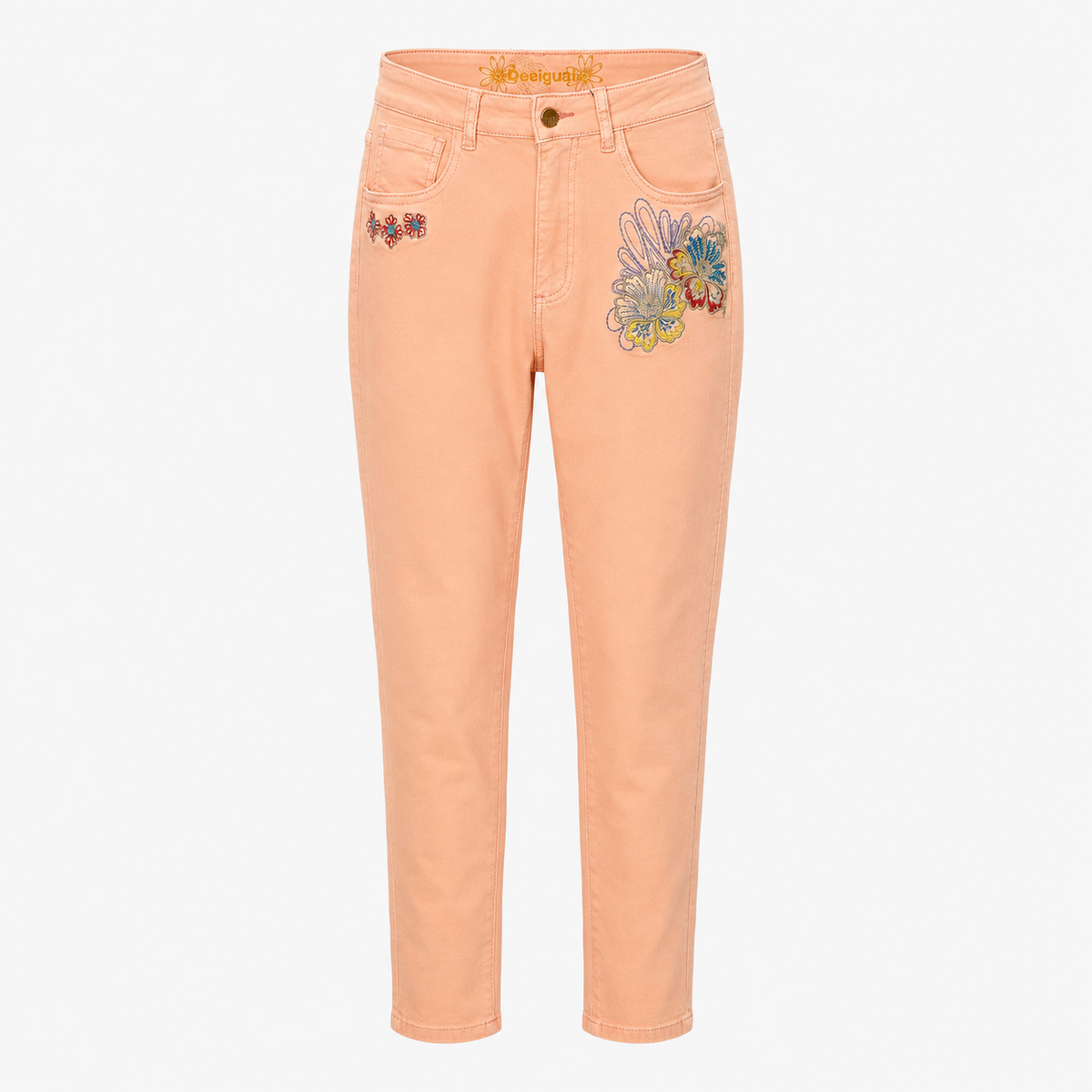Blugi Desigual coral cu broderie florală