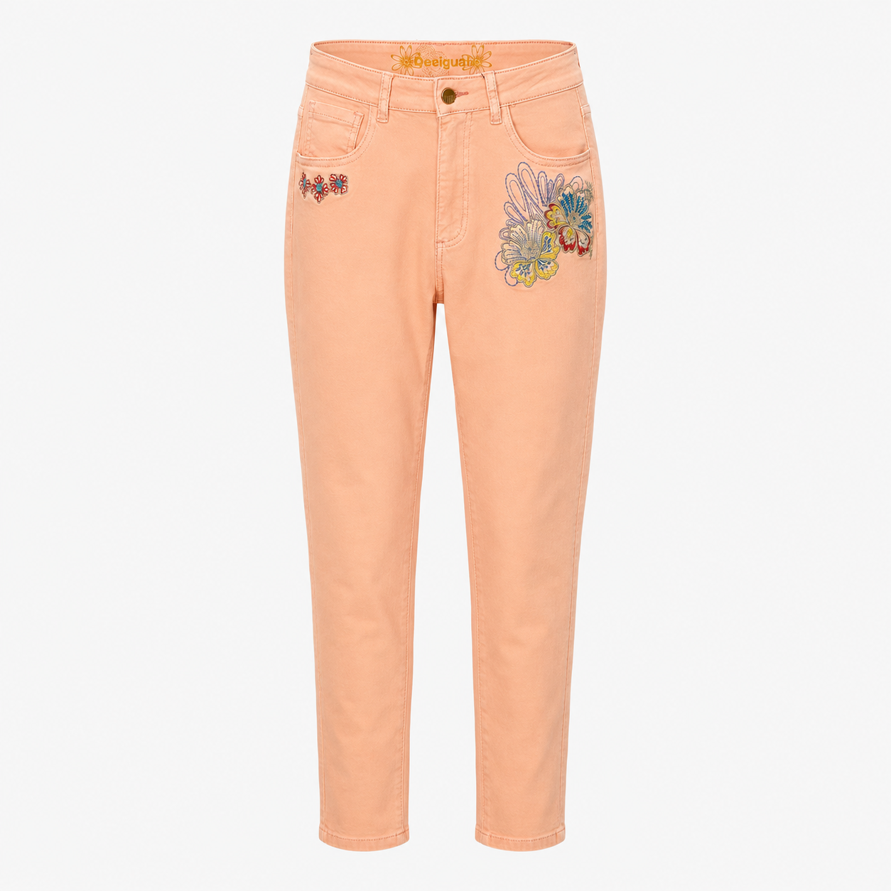 Blugi Desigual coral cu broderie florală