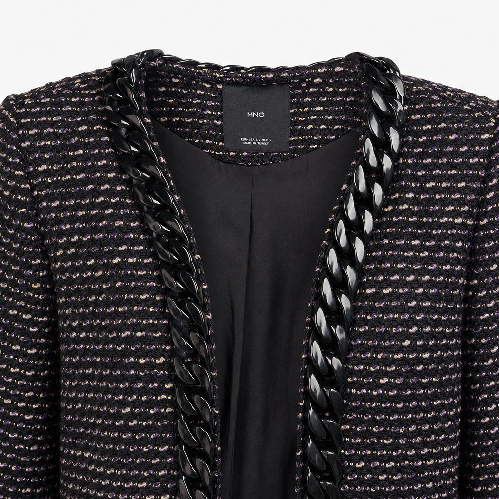 Sacou Mango din tweed negru cu aplicații tip lanț