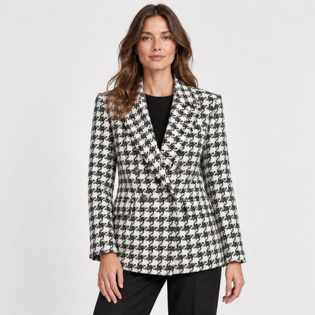 Sacou Mango din tweed cu imprimeu houndstooth