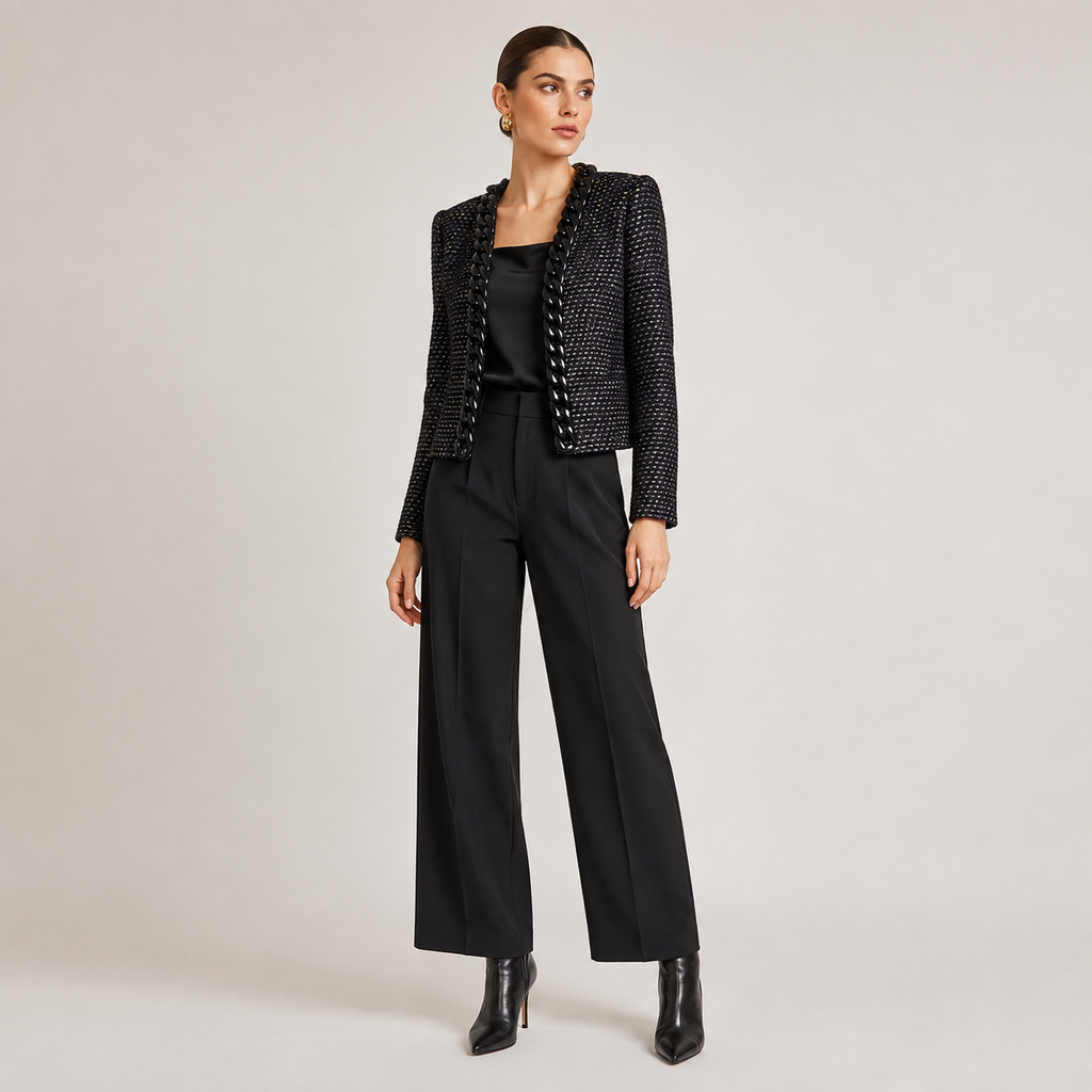 Sacou Mango din tweed negru cu aplicații tip lanț