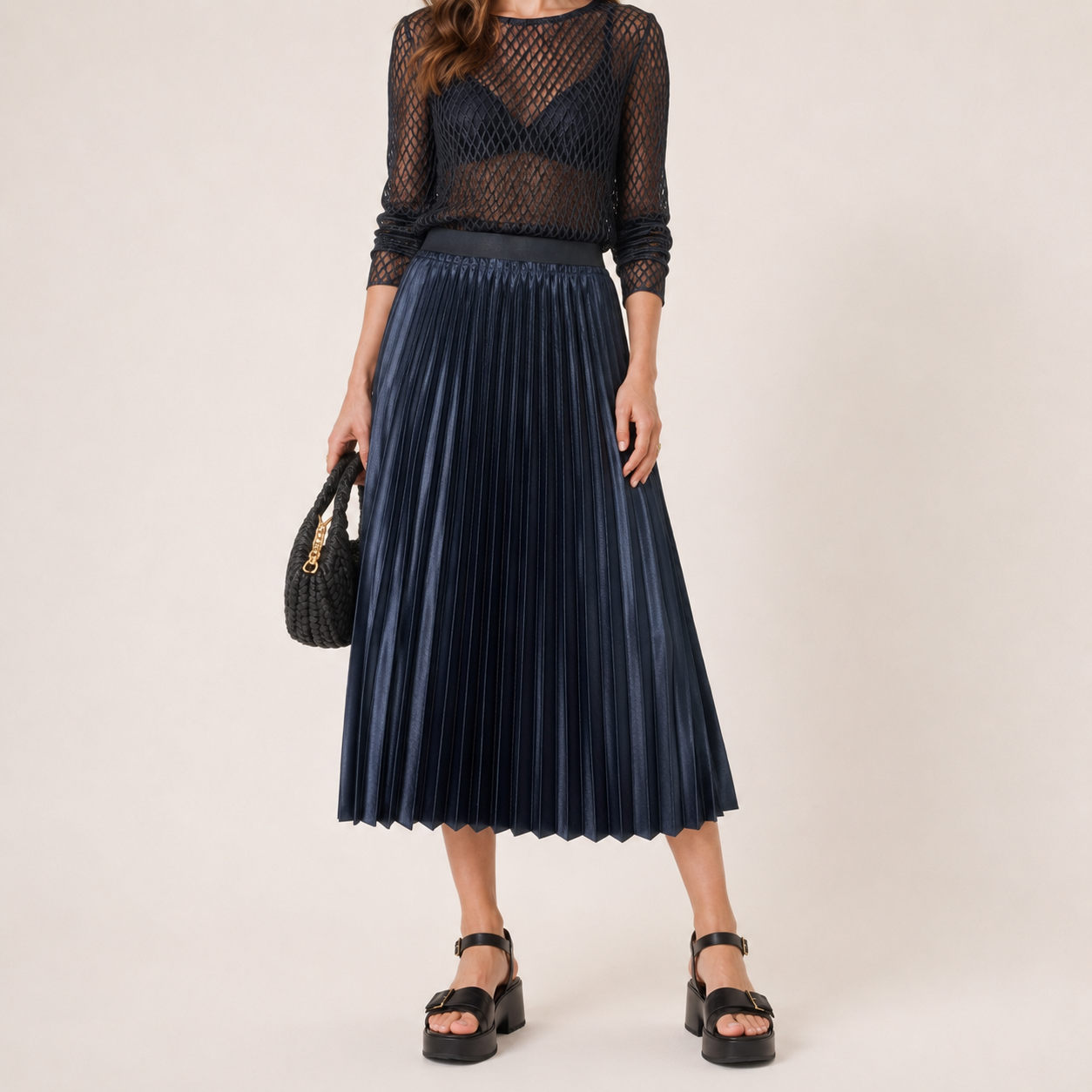 Fustă midi plisată Mango Casual bleumarin