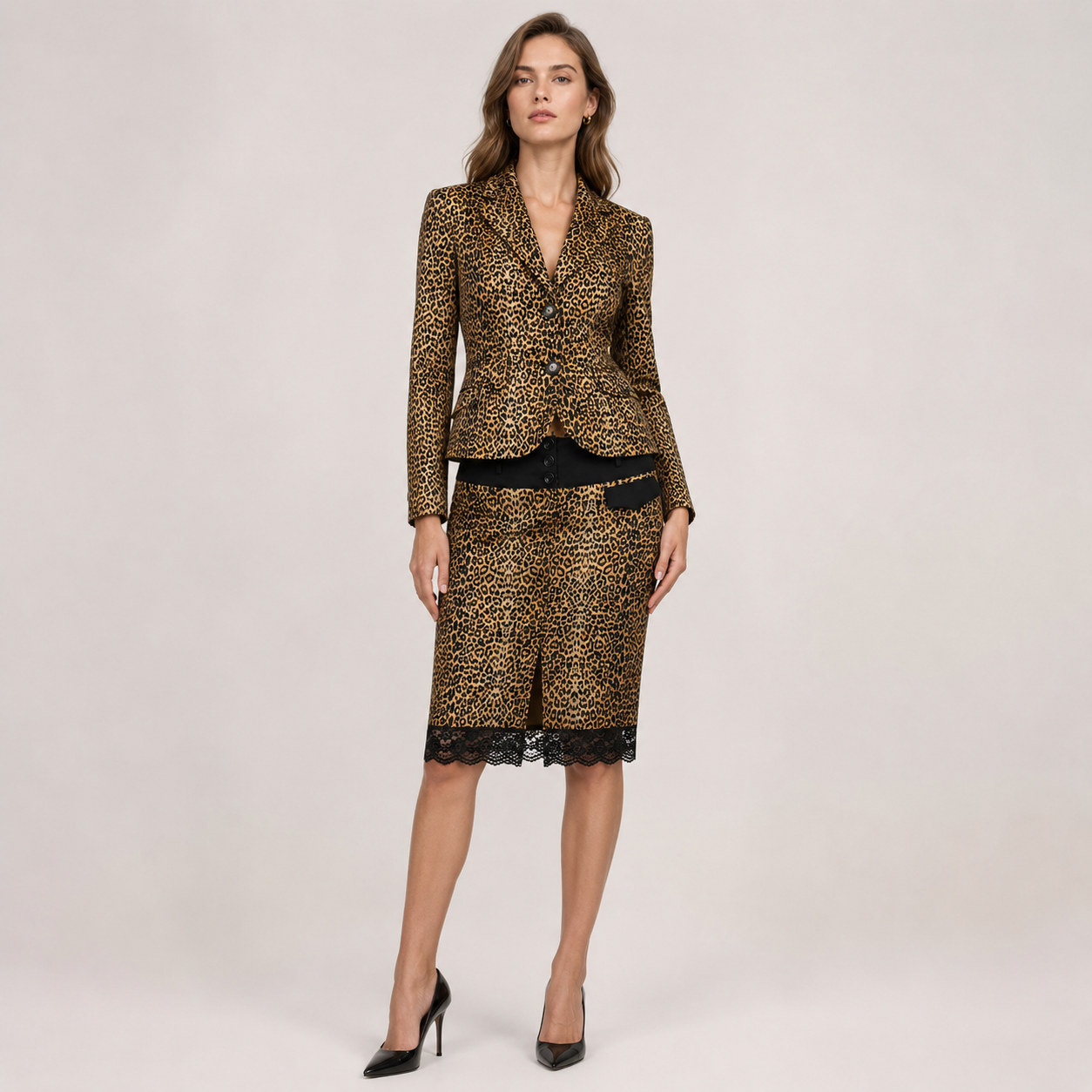 Costum Cinema Donna cu imprimeu leopard, sacou și fustă