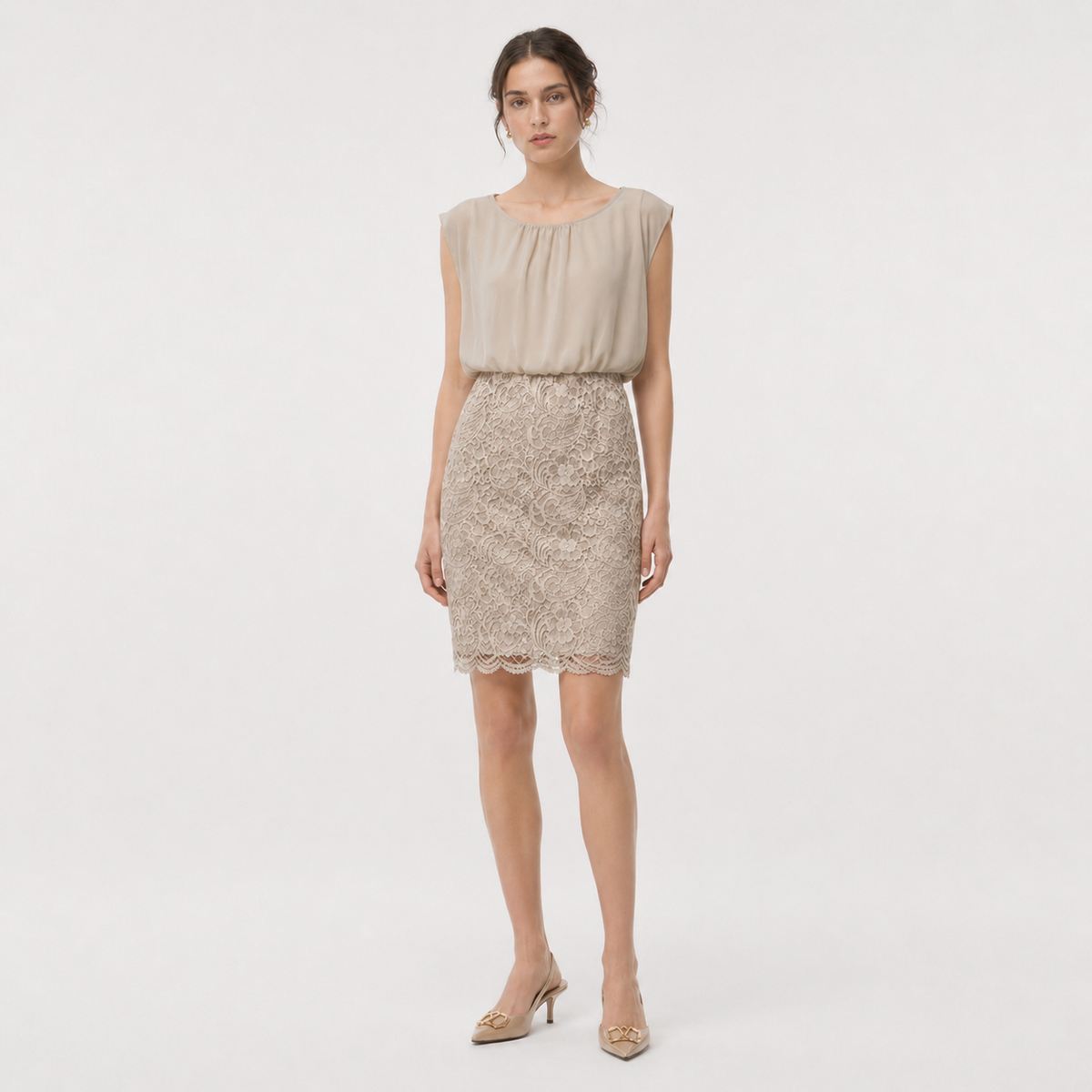 Set rochie din dantelă și cardigan Comma bej