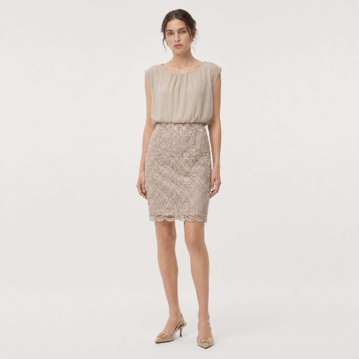Set rochie din dantelă și cardigan Comma bej