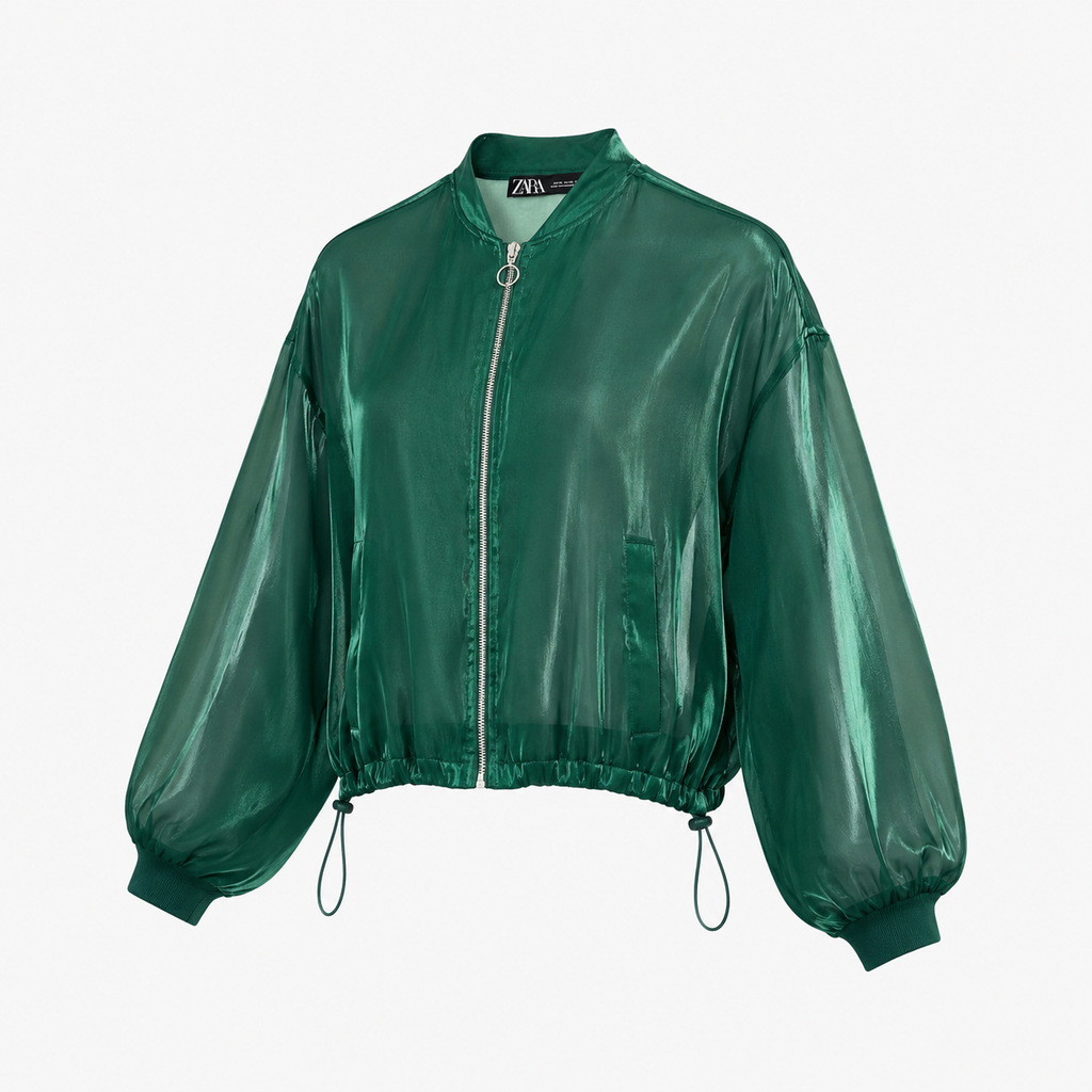 Jachetă bomber Zara verde transparentă cu luciu satinat