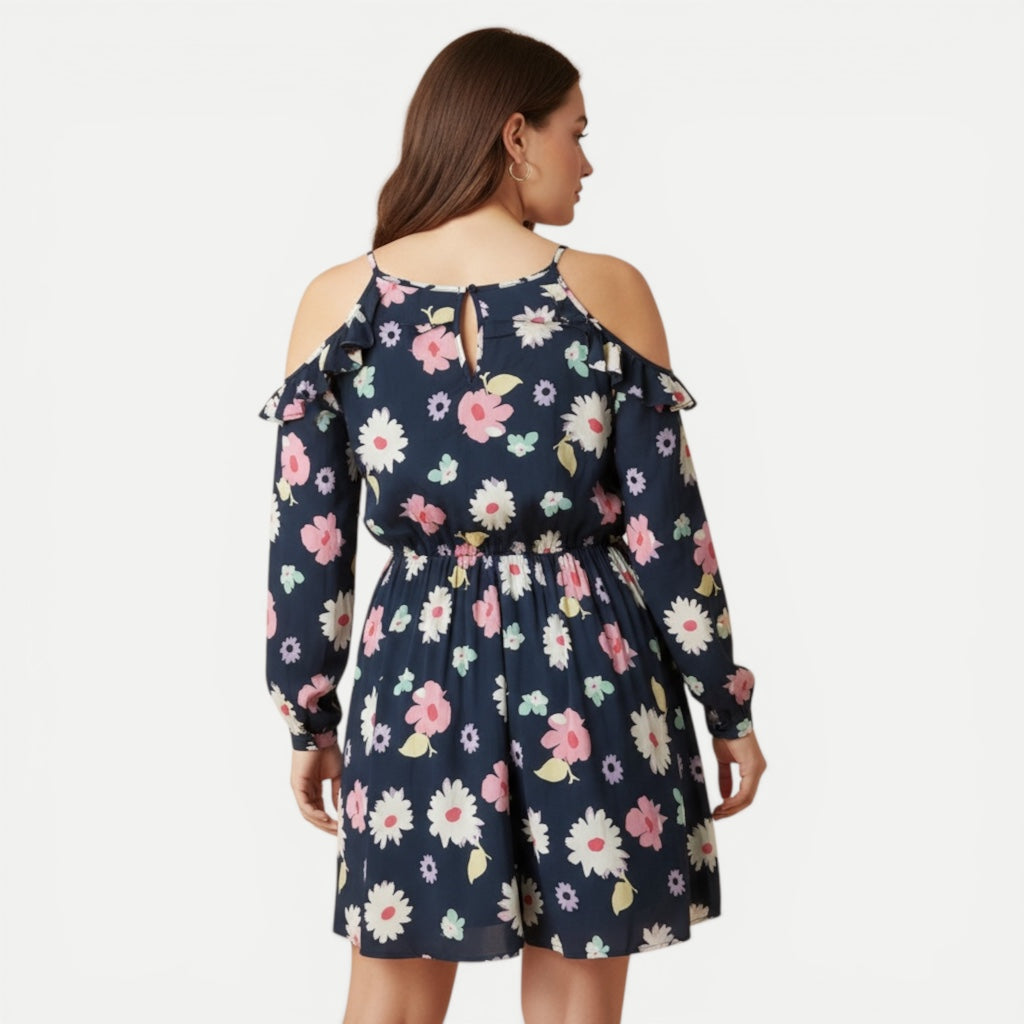 Rochie Pepe Jeans florală bleumarin cu umerii decupați