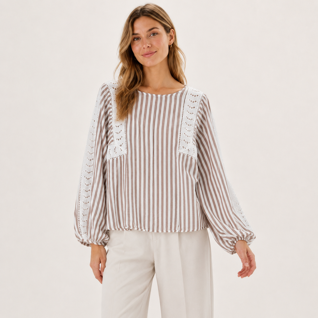 Bluză Ladies Fashion cu dungi și broderie