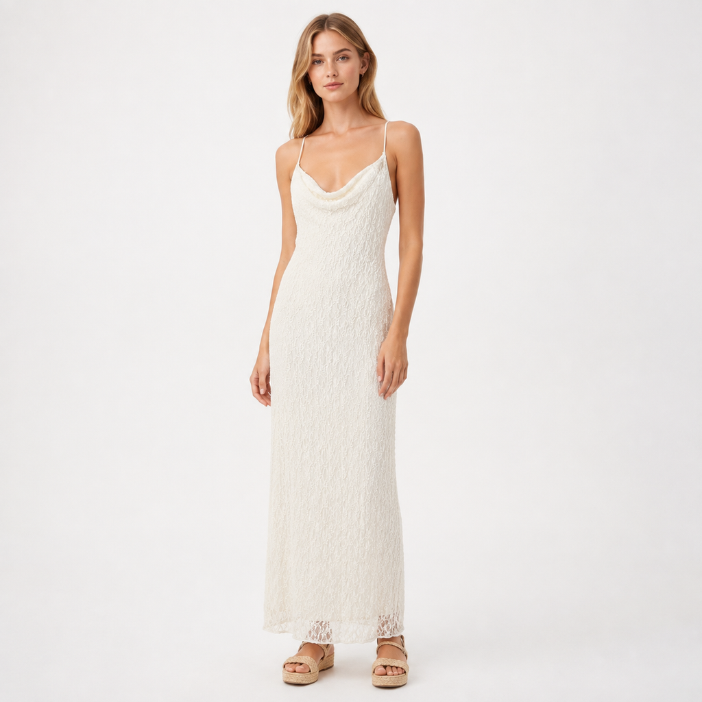 Rochie lungă Bershka albă din dantelă cu decolteu drapat
