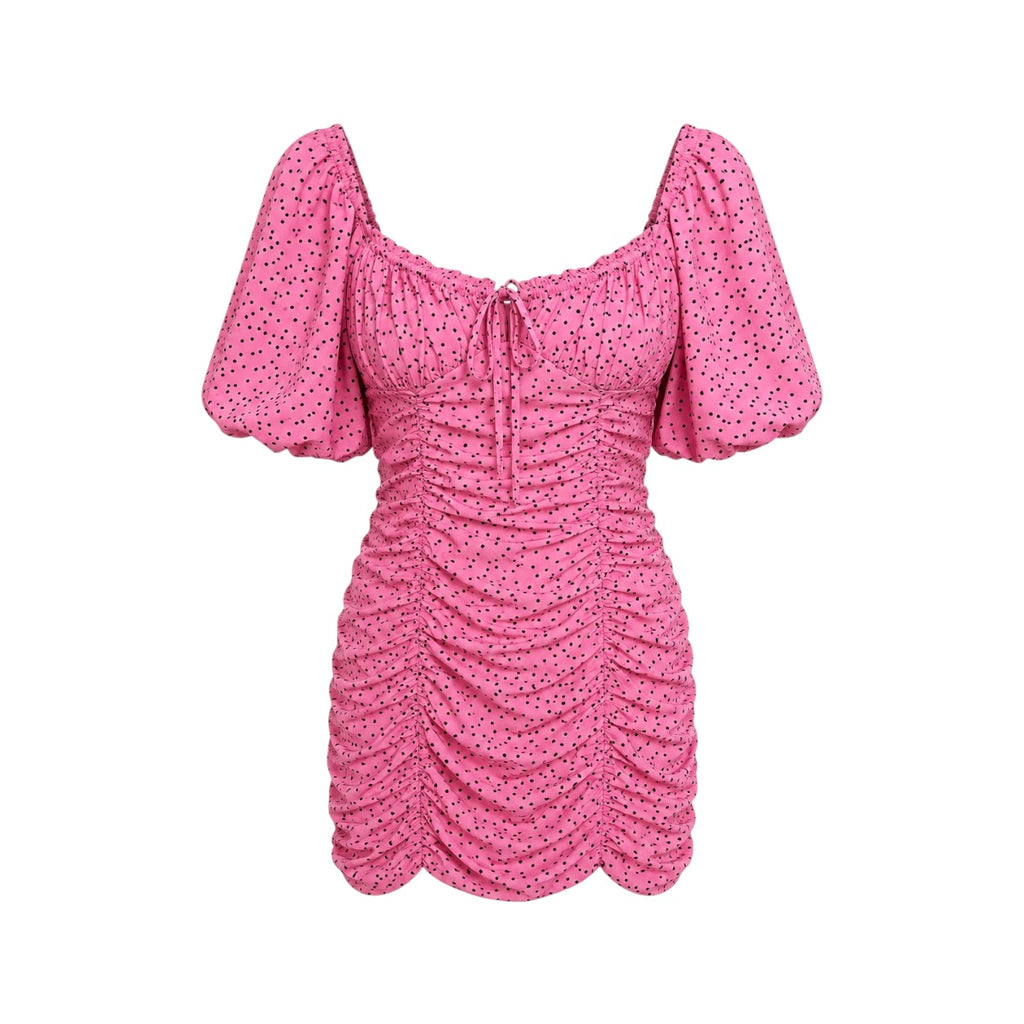 Rochie LOAVIES roz cu buline și mâneci bufante