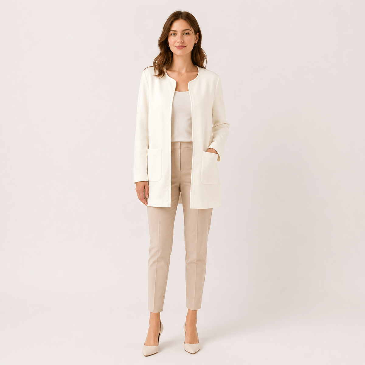 Sacou lung H&M alb din material texturat