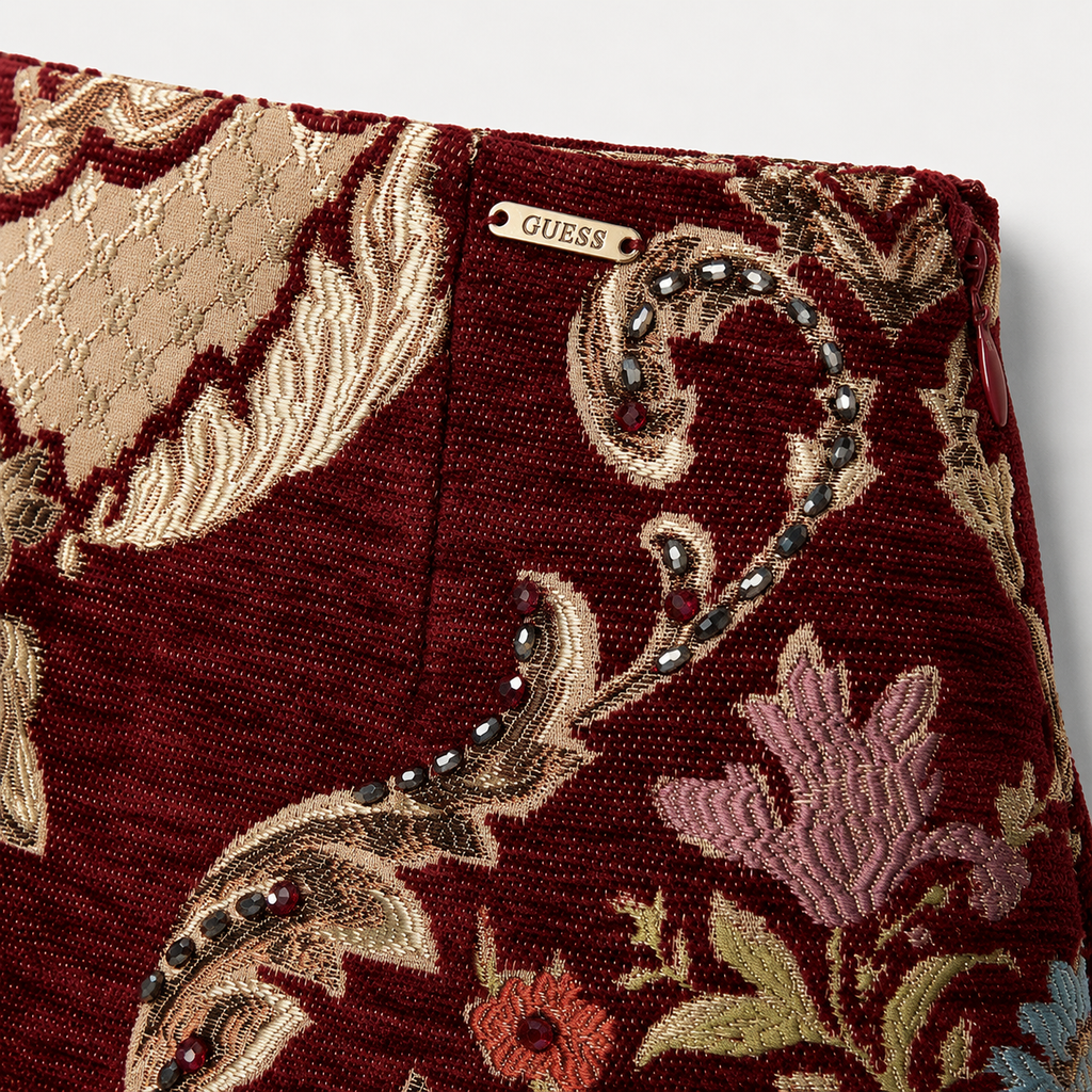 Fustă GUESS mini din jacquard cu broderie florală și aplicații