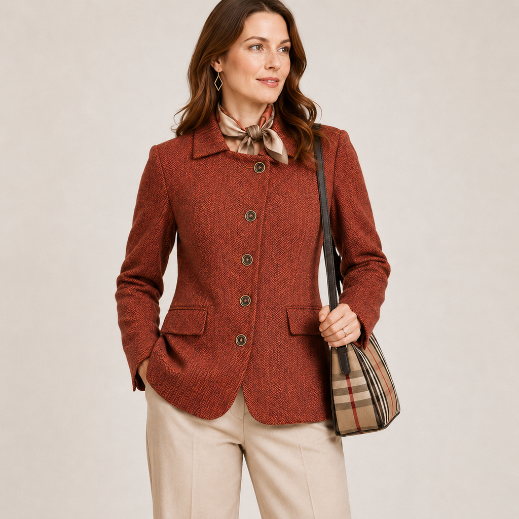 Sacou Madeleine cărămiziu din amestec de lână cu model herringbone