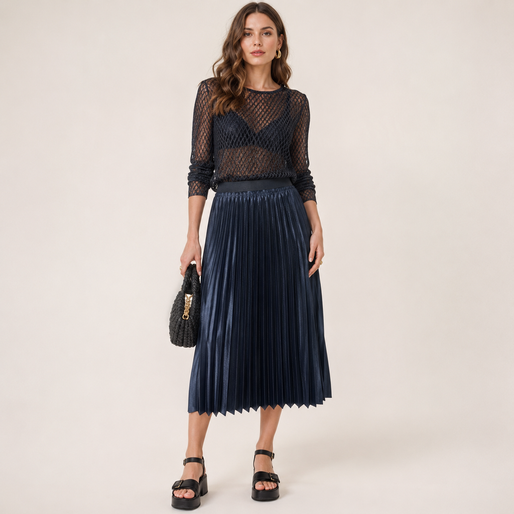 Fustă midi plisată Mango Casual bleumarin